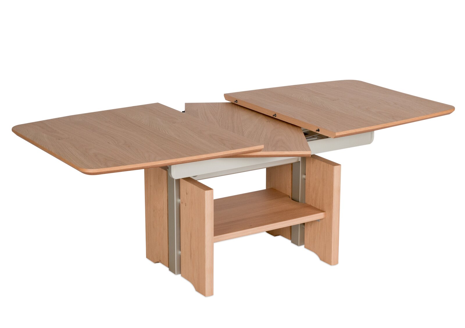 Moderner Couchtisch aus Holz mit ausziehbarer Tischplatte, seitliche Perspektive