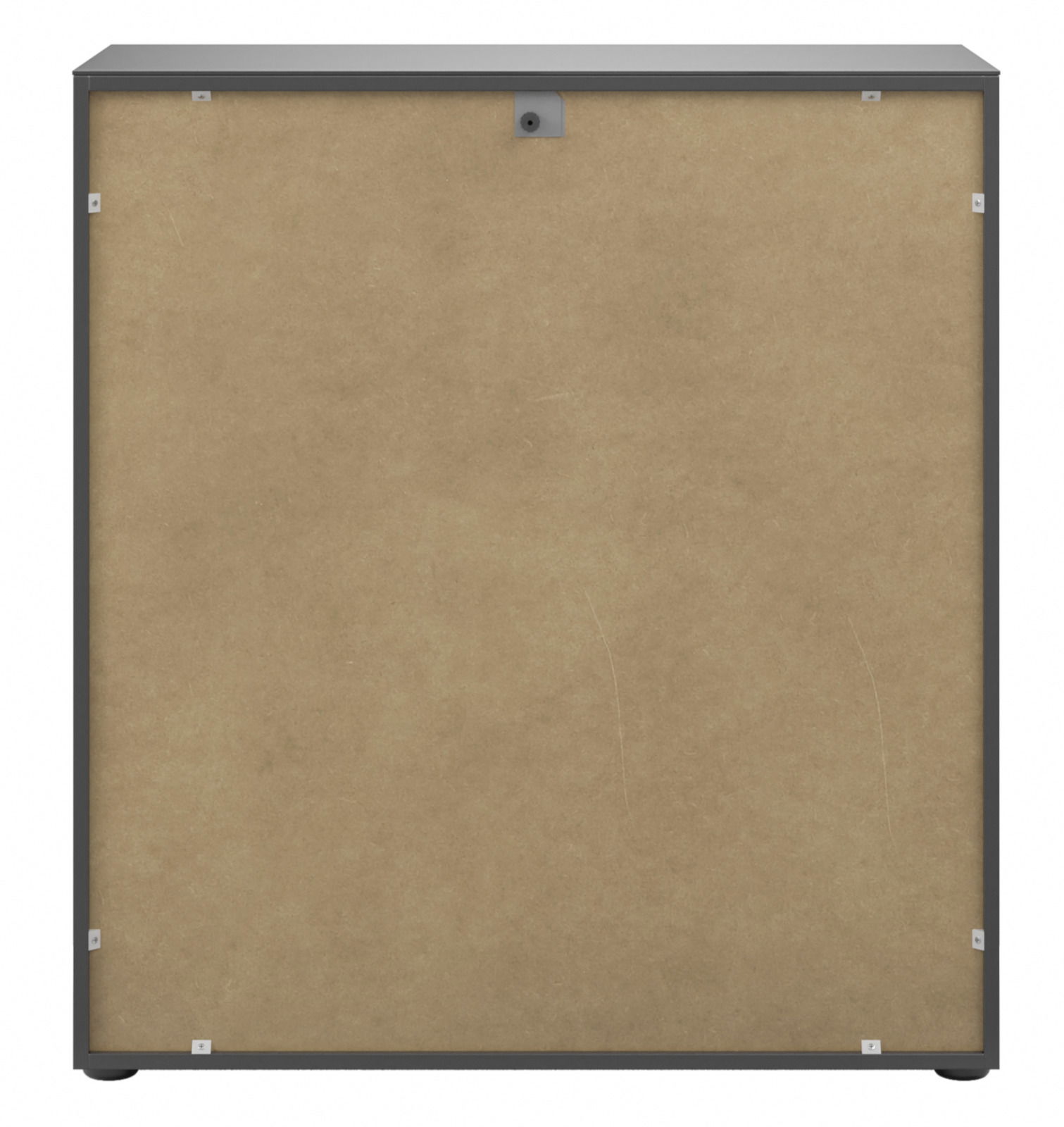 Rückansicht einer Kommode mit schlichtem Design und Holzrückwand.