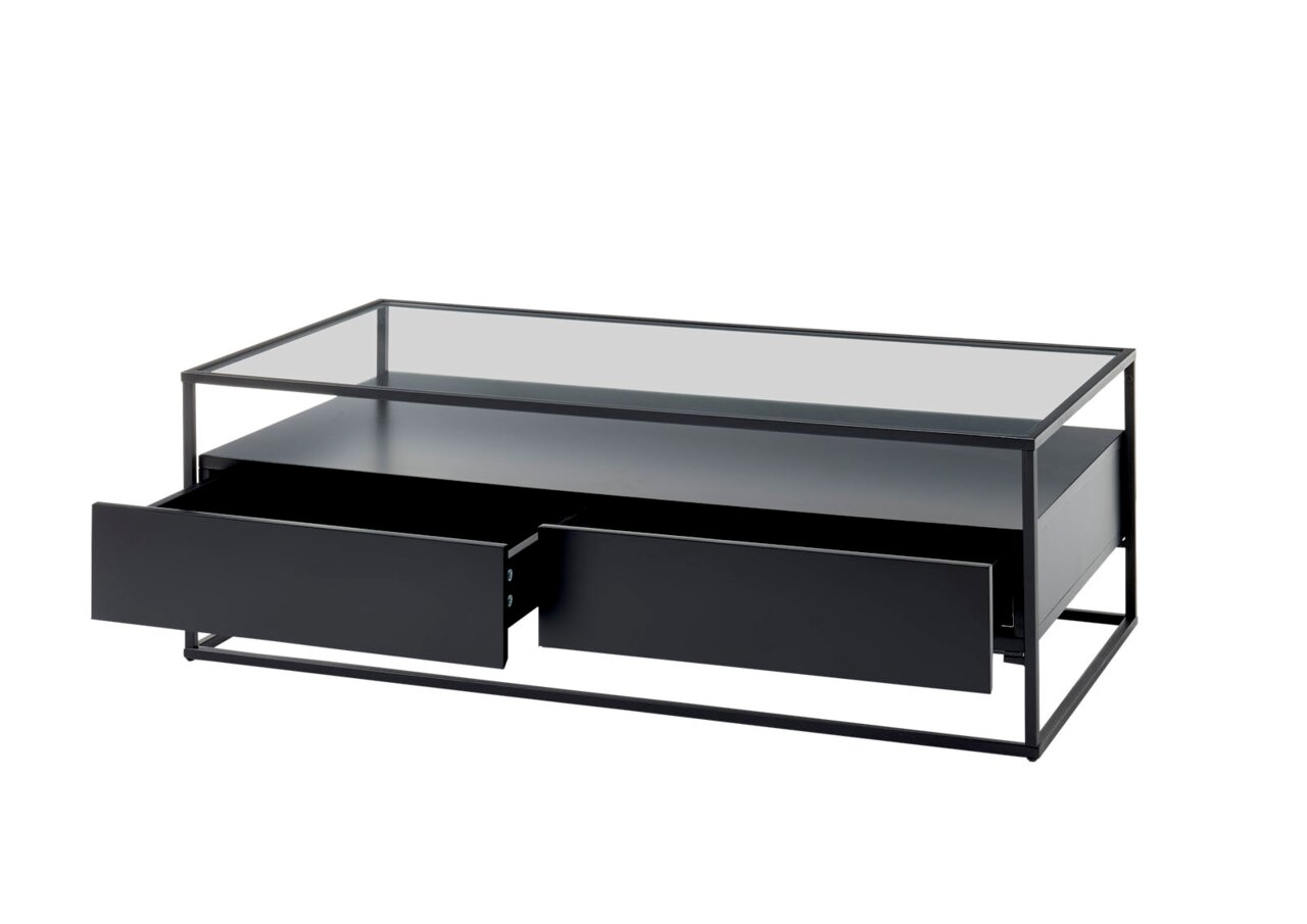 Moderner Couchtisch mit Glasplatte und zwei offenen Schubladen, seitliche Perspektive