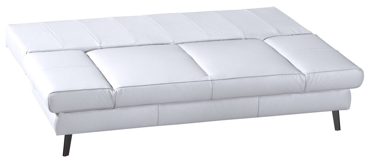 Weißer Querschläfer-Sofa in der Seitenansicht, flach ausgeklappt mit modernen Metallbeinen.