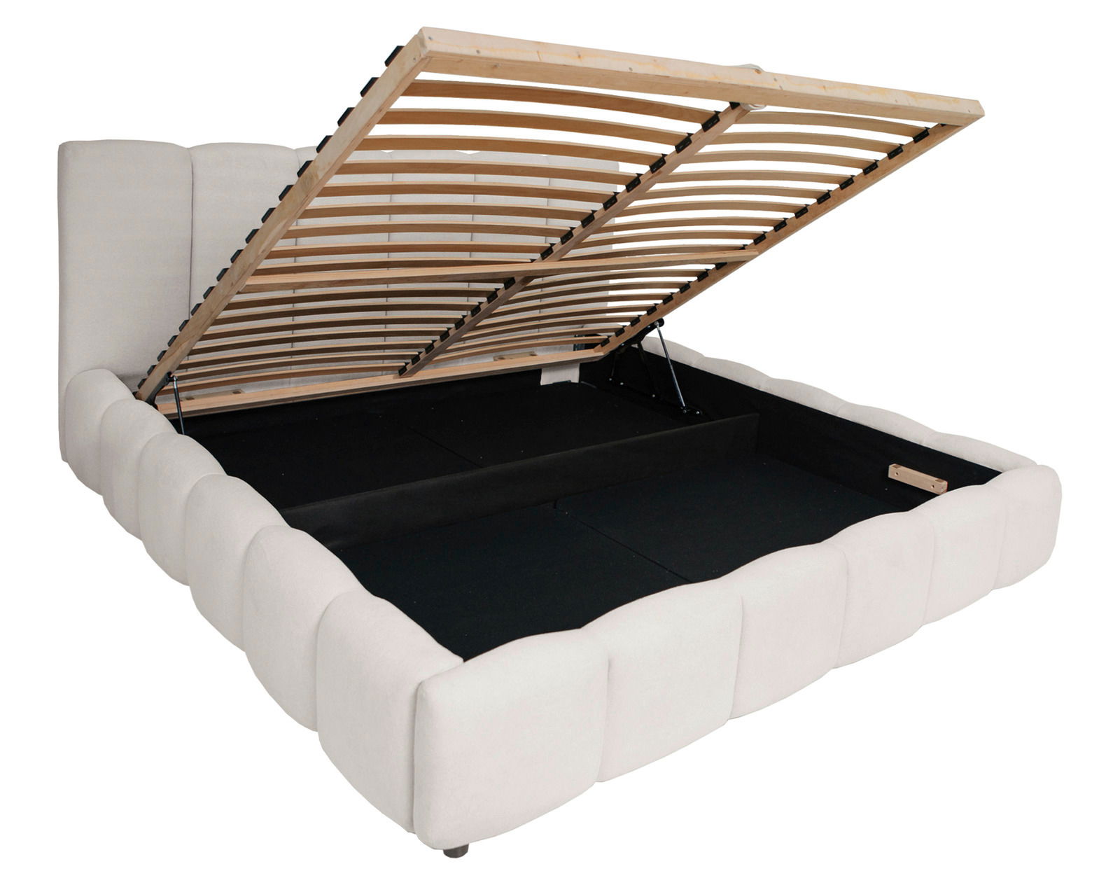 Polsterbettgestell mit hochgeklapptem Lattenrost, seitliche Perspektive