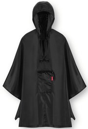 Schwarzer Regenponcho mit Kapuze und Fronttasche, Vorderansicht