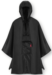 Schwarzer Regenponcho mit Kapuze und Fronttasche, Vorderansicht