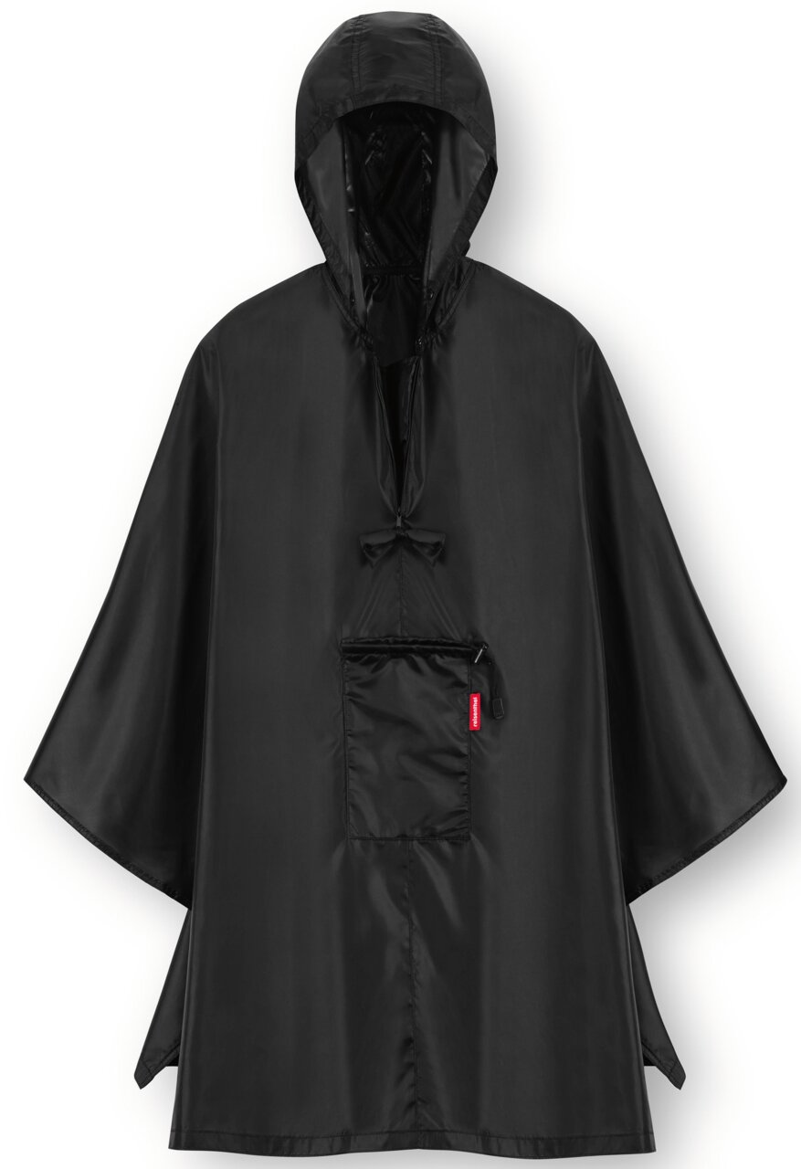 Zwarte regenponcho met capuchon en voorzak, vooraanzicht