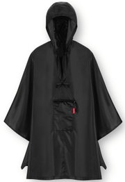 Zwarte regenponcho met capuchon en voorzak, vooraanzicht