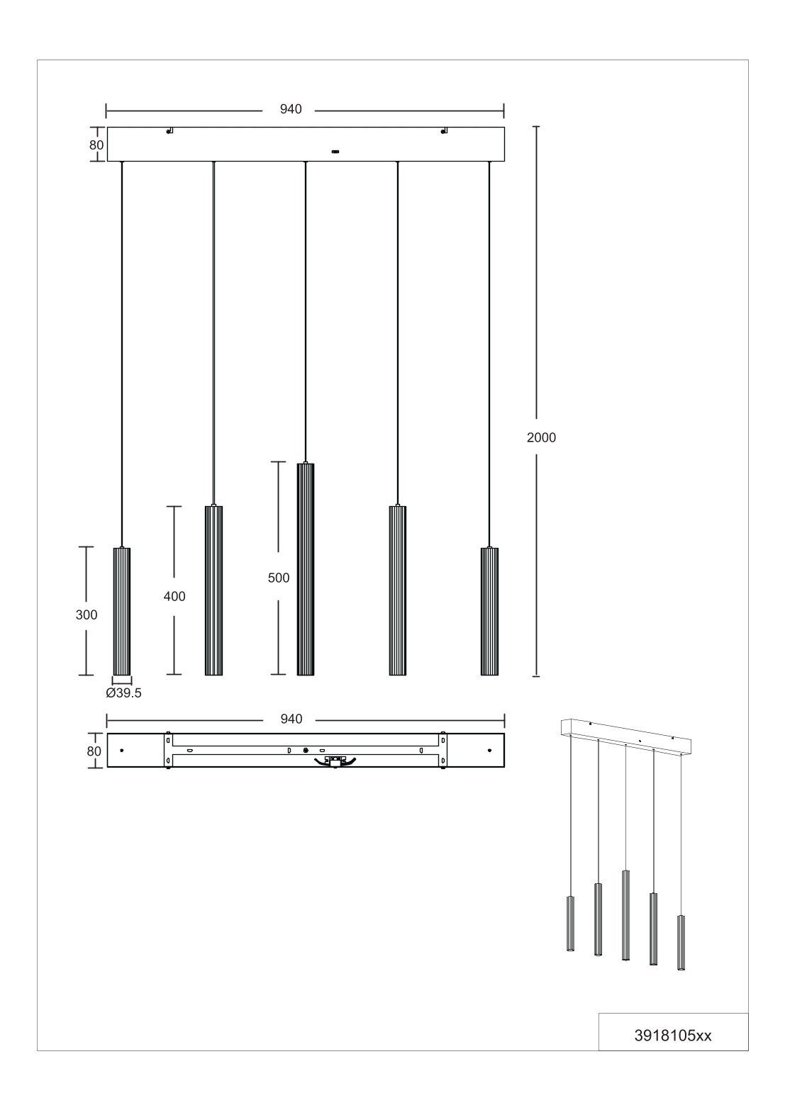 Technische Zeichnung einer linearen Pendelleuchte mit 5 zylindrischen Hängeleuchten an rechteckigem Deckenbalken (ca. 940 mm), Draufsicht und Seitenansicht mit Maßangaben sowie isometrischer Perspektive.