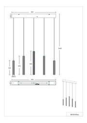 Technische Zeichnung einer linearen Pendelleuchte mit 5 zylindrischen Hängeleuchten an rechteckigem Deckenbalken (ca. 940 mm), Draufsicht und Seitenansicht mit Maßangaben sowie isometrischer Perspektive.