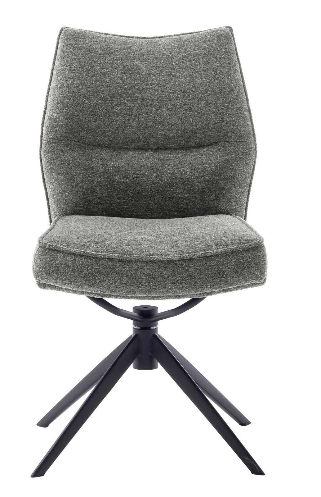 Grauer Stuhl mit gepolsterter Sitzfläche und Rückenlehne, schwarzes Metallgestell, Frontalansicht