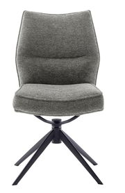 Grauer Stuhl mit gepolsterter Sitzfläche und Rückenlehne, schwarzes Metallgestell, Frontalansicht