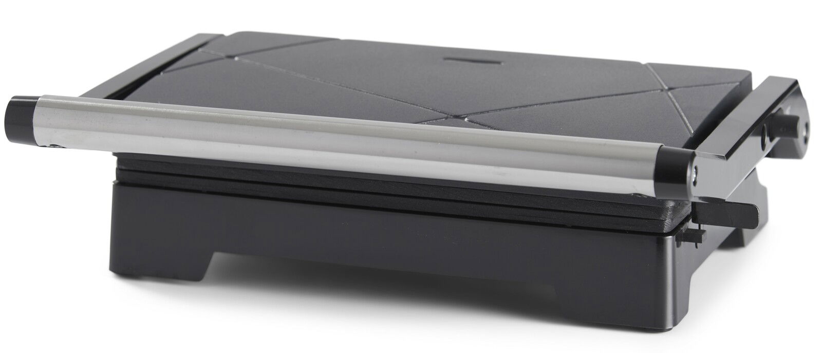 Panini Grill 1000 Watt in seitlicher Perspektive mit geschlossenem Deckel und Edelstahlgriff