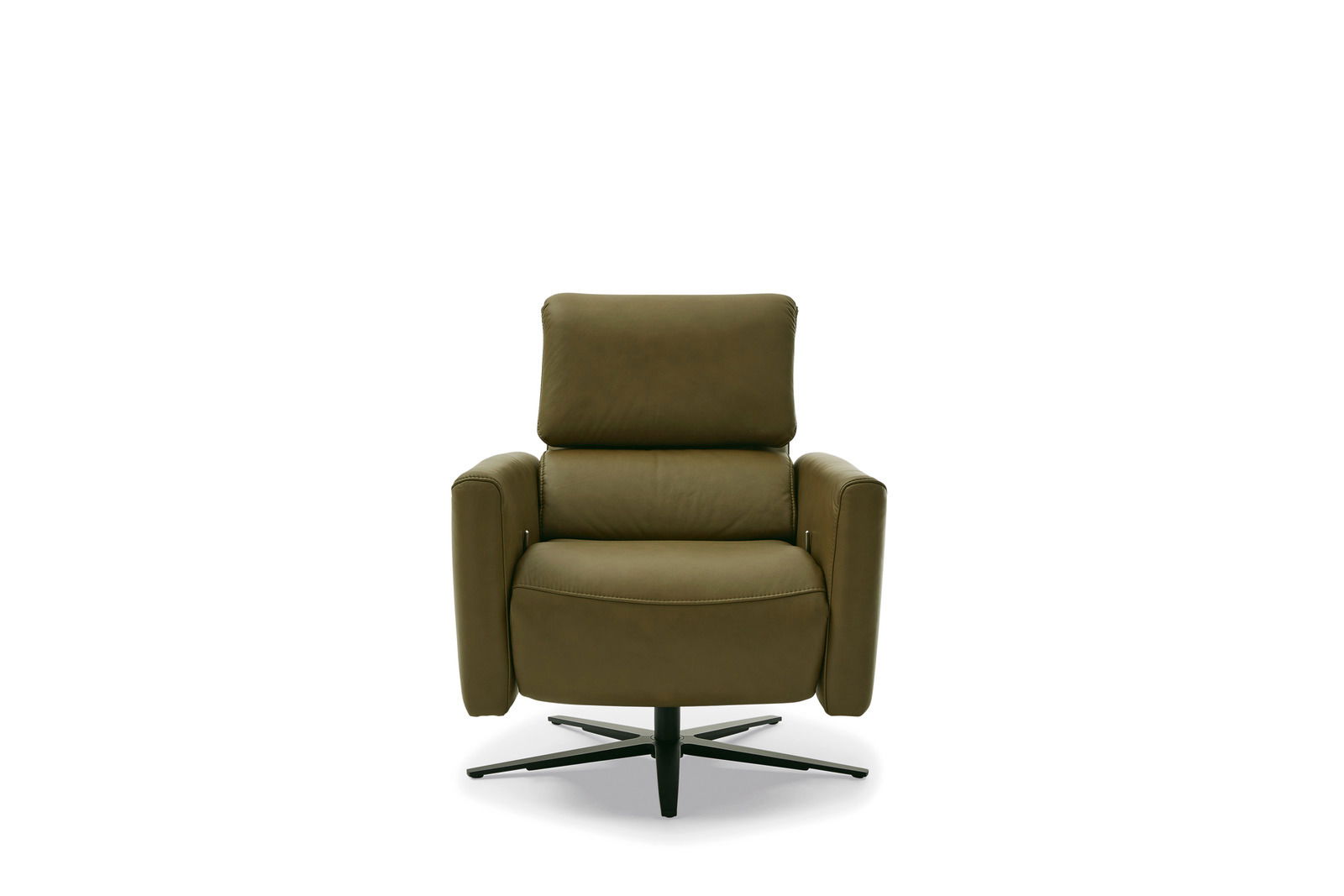Grüner Relaxsessel mit hoher Rückenlehne und Armlehnen, frontal betrachtet.