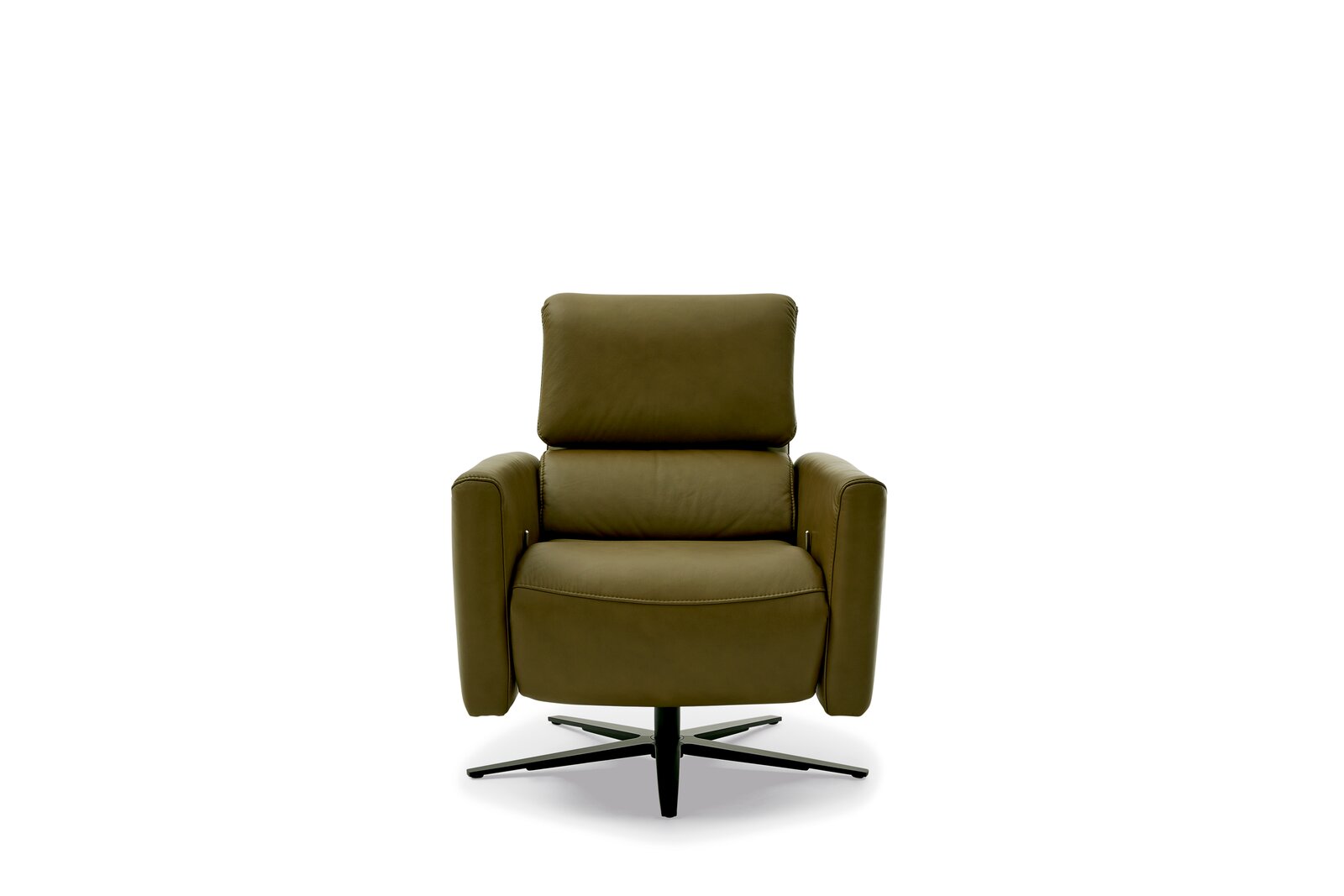 Grüner Relaxsessel mit hoher Rückenlehne und Armlehnen, frontal betrachtet.