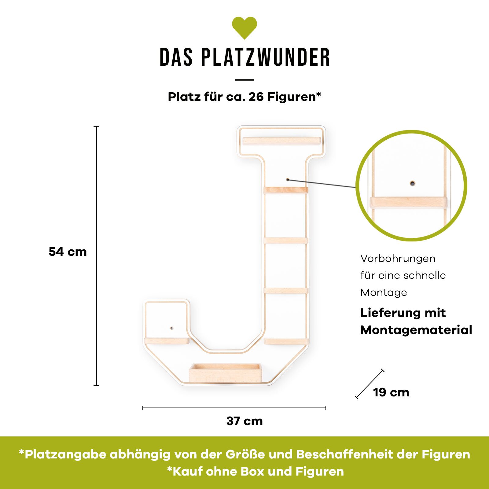 Frontansicht eines J-förmigen, hellen Holz-Wandregals „Das Platzwunder“ für ca. 26 Figuren mit Vorbohrungen, inkl. Montagematerial; Maße ca. 54 cm hoch, 37 cm breit und 19 cm tief.