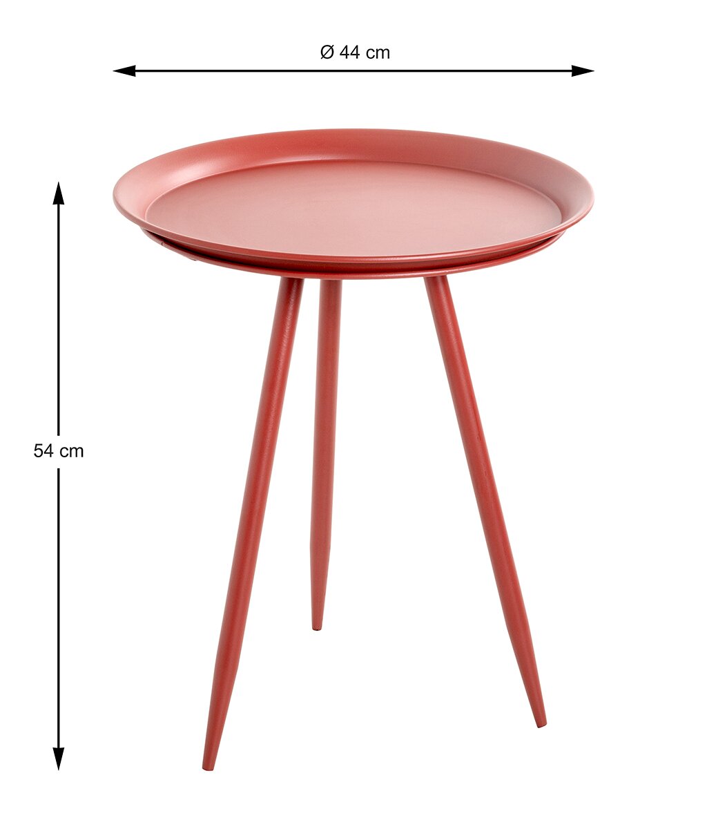 Rode, ronde bijzettafel met een blad in de vorm van een dienblad en drie slanke poten, Ø 44 cm en 54 cm hoog, vrijstaand op een witte achtergrond, perspectief: licht van bovenaf in vooraanzicht