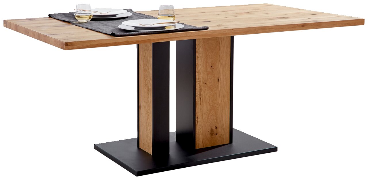 Linea Natura Esstisch KELIO Moderner Esstisch aus Holz mit schwarzem Metallgestell, seitliche Perspektive