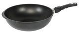 Schwarze Wokpfanne mit abnehmbarem Griff, seitliche Perspektive