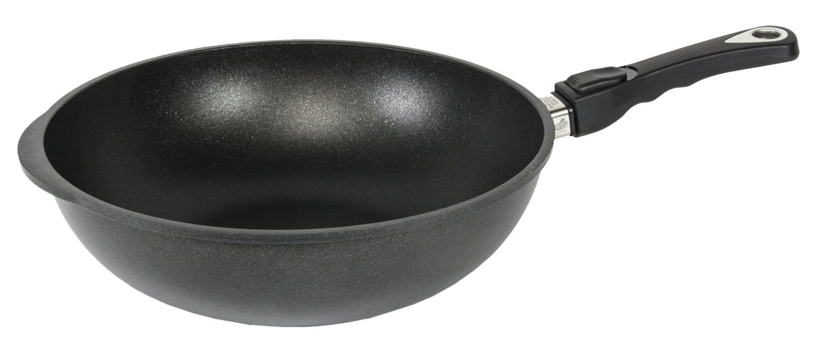 AMT Wokpfanne Ø32cm Schwarze Wokpfanne mit abnehmbarem Griff, seitliche Perspektive