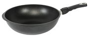 Schwarze Wokpfanne mit abnehmbarem Griff, seitliche Perspektive