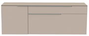 Frontansicht eines modernen, hängenden Lowboards in neutralem Beige mit zwei Schubladen und einer Tür.
