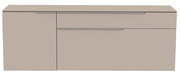 Frontansicht eines modernen, hängenden Lowboards in neutralem Beige mit zwei Schubladen und einer Tür.