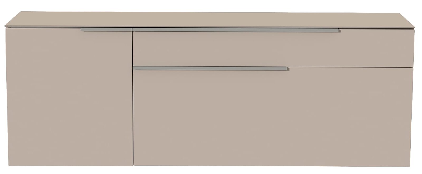 Frontansicht eines modernen, hängenden Lowboards in neutralem Beige mit zwei Schubladen und einer Tür.