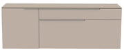 Frontansicht eines modernen, hängenden Lowboards in neutralem Beige mit zwei Schubladen und einer Tür.
