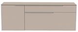 Frontansicht eines modernen, hängenden Lowboards in neutralem Beige mit zwei Schubladen und einer Tür.