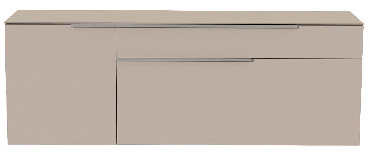 Frontansicht eines modernen, hängenden Lowboards in neutralem Beige mit zwei Schubladen und einer Tür.