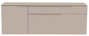 Frontansicht eines modernen, hängenden Lowboards in neutralem Beige mit zwei Schubladen und einer Tür.