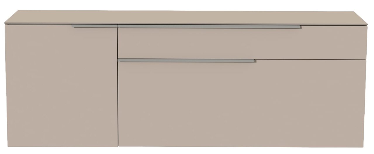 Frontansicht eines modernen, hängenden Lowboards in neutralem Beige mit zwei Schubladen und einer Tür.
