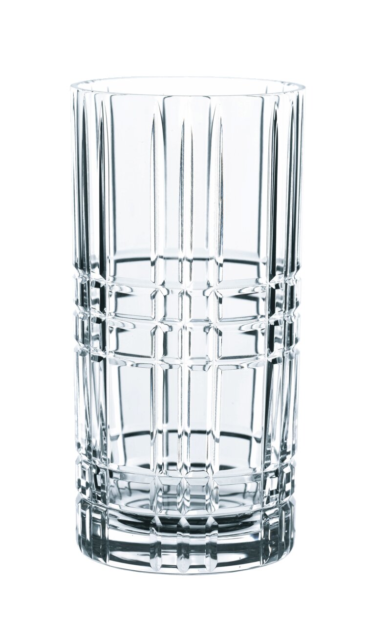 Doorzichtig longdrinkglas met vierkant patroon, zijaanzicht