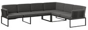 Moderne, graue Loungegarnitur in L-Form mit Metallrahmen, seitliche Perspektive