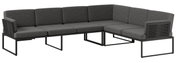Moderne, graue Loungegarnitur in L-Form mit Metallrahmen, seitliche Perspektive