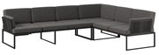 Moderne, graue Loungegarnitur in L-Form mit Metallrahmen, seitliche Perspektive