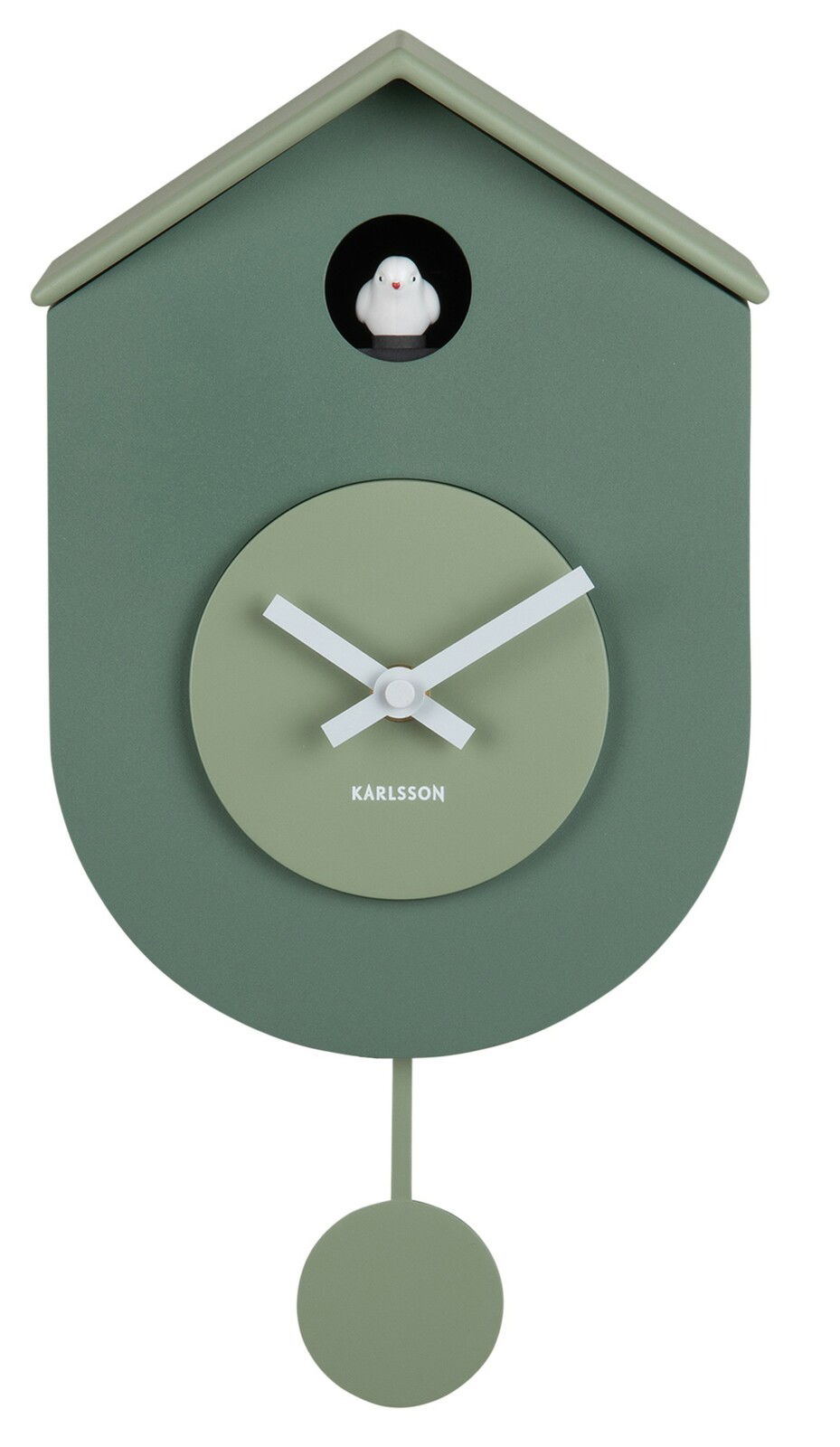 Grüne Wanduhr in Form eines Vogelhauses mit Kuckucksvogel und Pendel, Frontalansicht