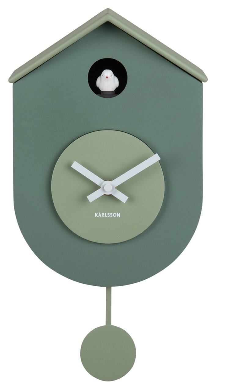 Grüne Wanduhr in Form eines Vogelhauses mit Kuckucksvogel und Pendel, Frontalansicht