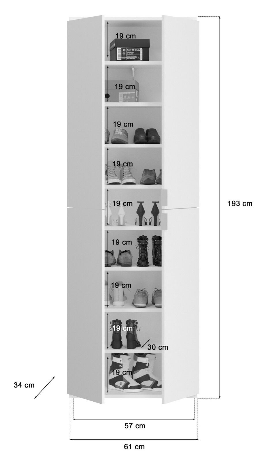 Schmaler, hoher Schuhschrank in Weiß mit mehreren Fächern, gefüllt mit verschiedenen Schuhen, von vorne betrachtet.