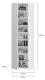 Schmaler, hoher Schuhschrank in Weiß mit mehreren Fächern, gefüllt mit verschiedenen Schuhen, von vorne betrachtet.