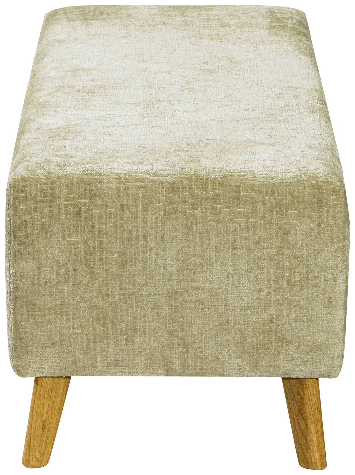 Bettbank in beige mit Holzbeinen, seitliche Perspektive