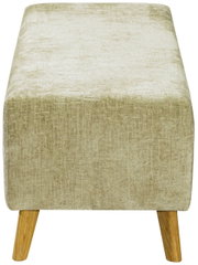 Bettbank in beige mit Holzbeinen, seitliche Perspektive