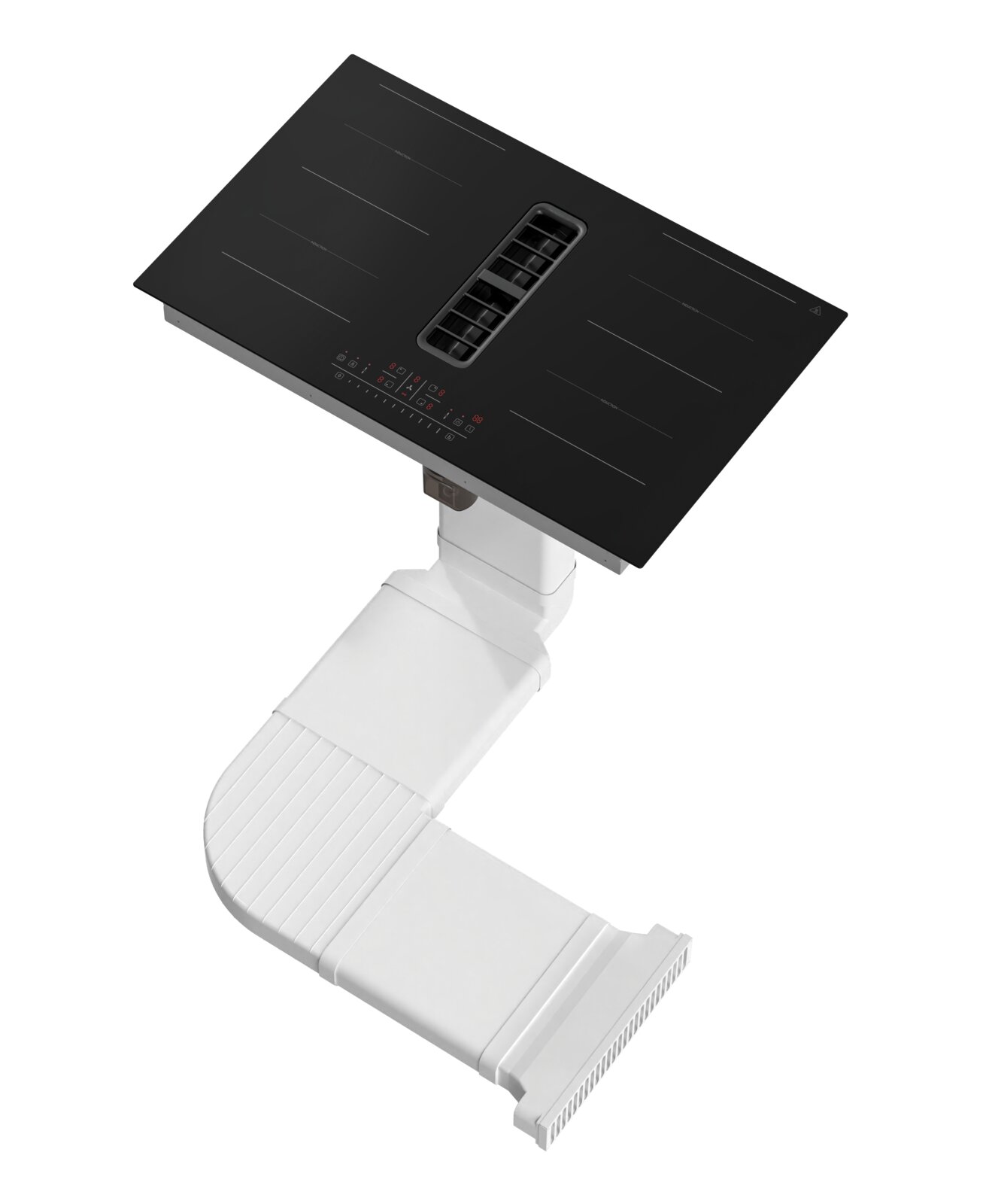 Schwarzes Induktionskochfeld mit integriertem Dunstabzug und Touch-Bedienfeld, verbunden mit weißem Flachkanal-Abluftsystem; schräg von oben in Perspektive dargestellt.