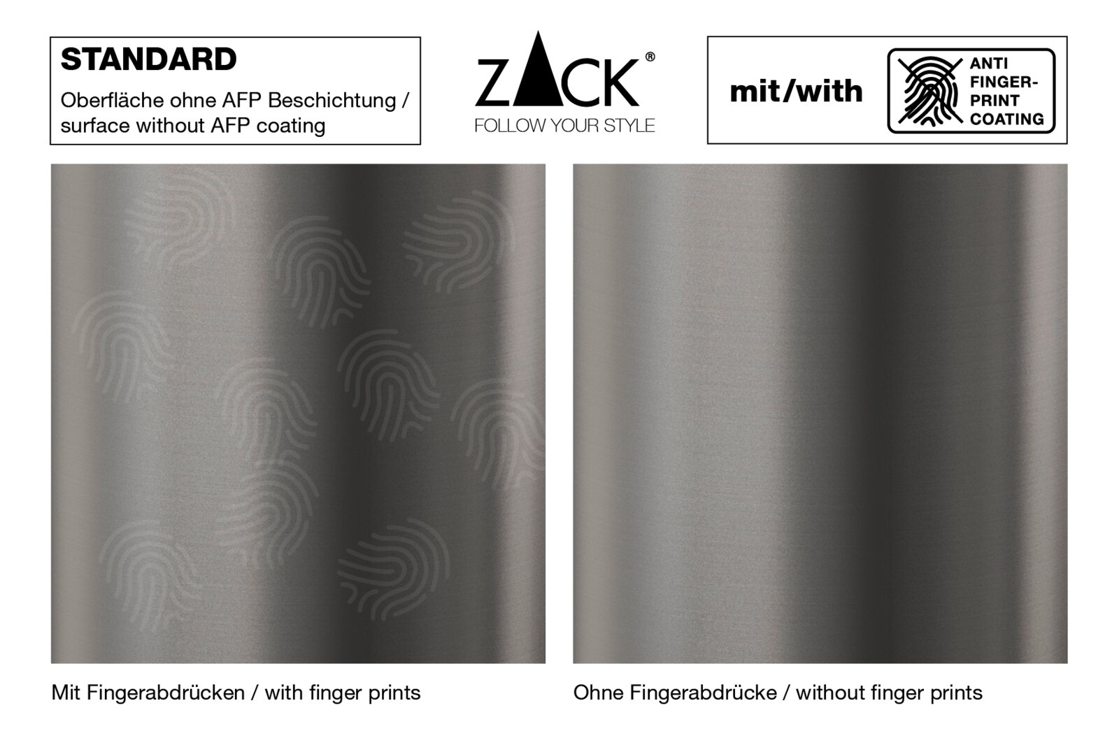 Vergleich einer Edelstahloberfläche von ZACK in Frontansicht: links Standard ohne AFP-Beschichtung mit sichtbaren Fingerabdrücken, rechts mit Anti-Fingerprint-Coating ohne Fingerabdrücke.