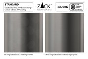Vergleich einer Edelstahloberfläche von ZACK in Frontansicht: links Standard ohne AFP-Beschichtung mit sichtbaren Fingerabdrücken, rechts mit Anti-Fingerprint-Coating ohne Fingerabdrücke.