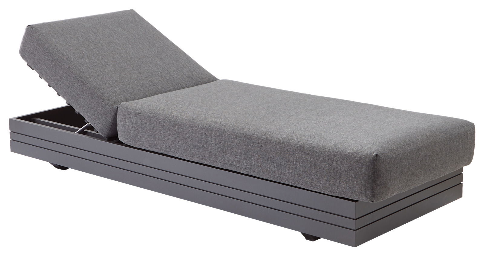 Graue Sonnenliege mit verstellbarer Rückenlehne, seitliche Perspektive