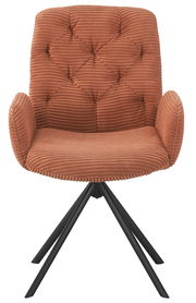 Vorderansicht eines Armlehnstuhls mit braunem, geripptem Stoffbezug und schwarzem Metallgestell.