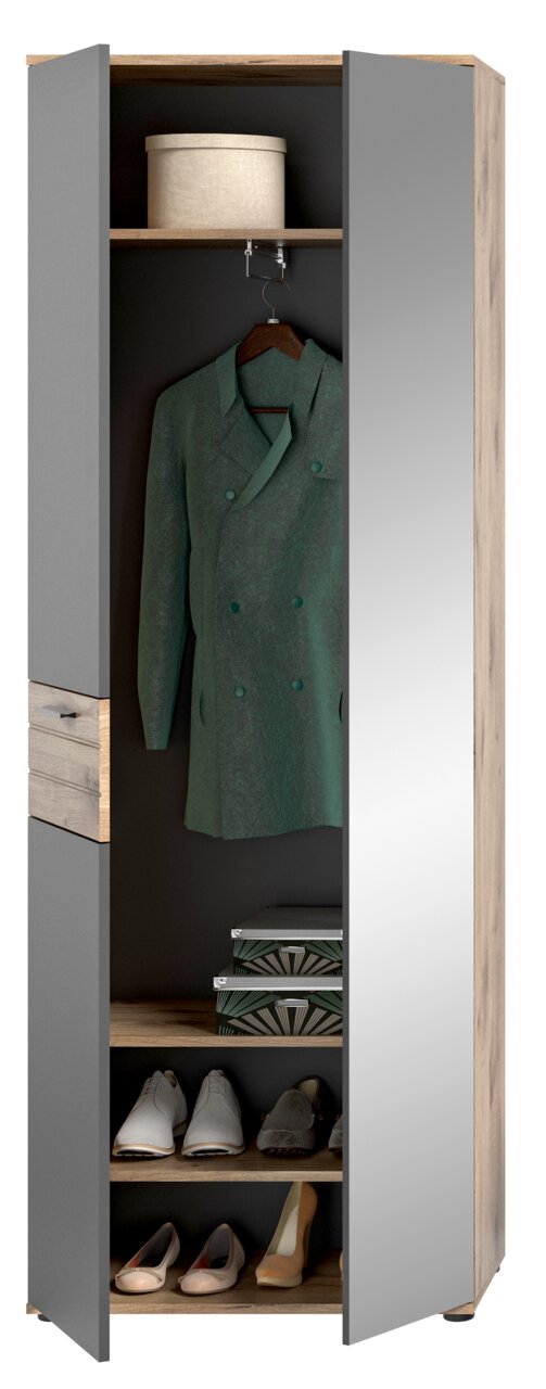Garderobenschrank mit geöffneter Tür, zeigt Innenraum mit Kleiderstange, Ablagefächern und Schuhregal, Perspektive von vorne.