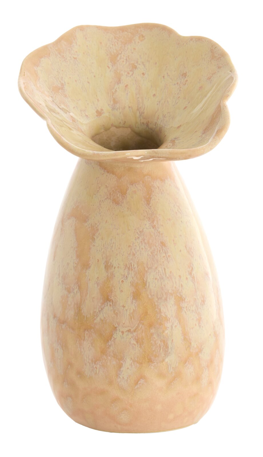 Keramikvase in sanften Beige- und Gelbtönen mit breitem, gewelltem Rand, Frontalansicht