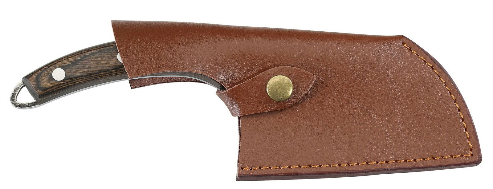 Kochmesser KEEPER 12 cm in brauner Lederscheide, seitliche Perspektive