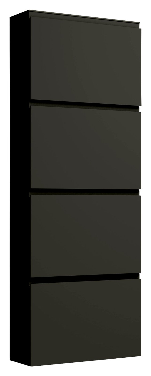 Schwarzer Hängeschuhschrank mit vier Klappen, seitliche Perspektive