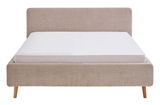Frontale Ansicht eines Polsterbetts in Beige mit Holzfüßen und weißer Matratze.